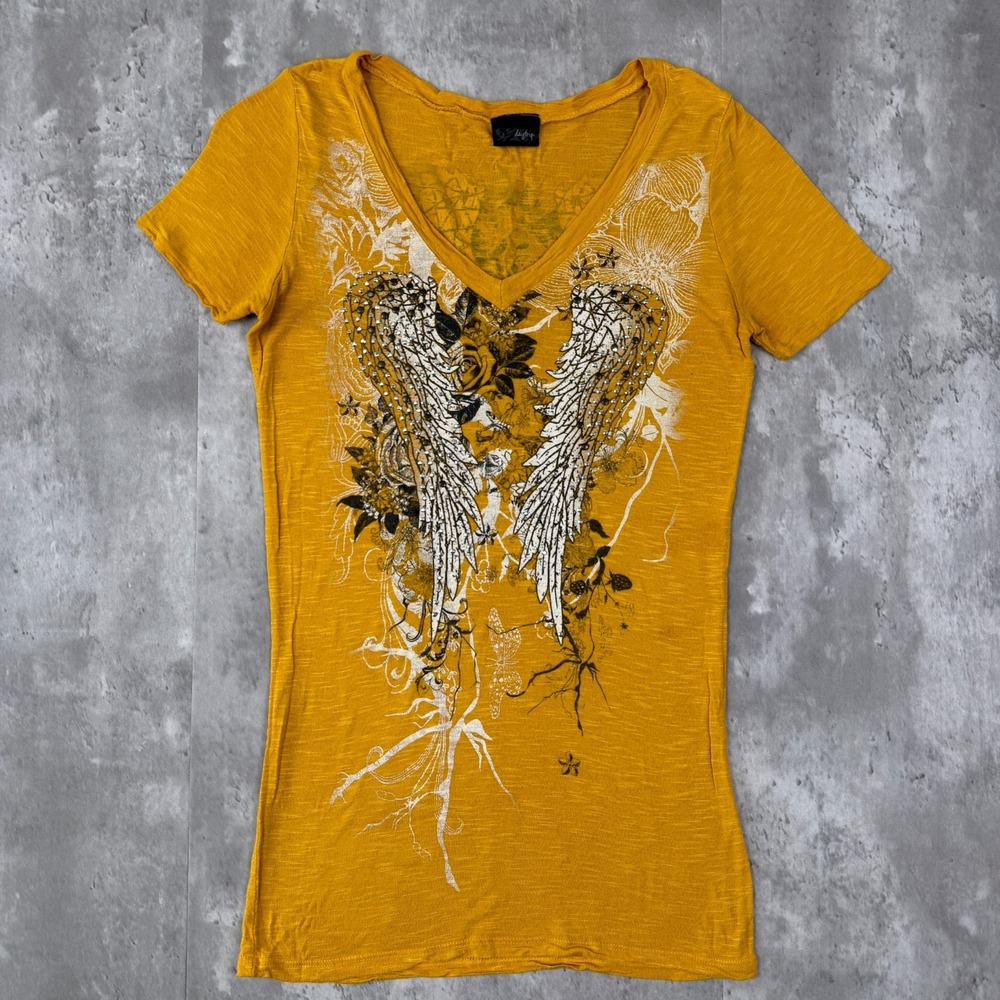 Daytrip T-Shirt Womens Small Yellow Angel Wings Rhinestone V Neck Y2K Grunge